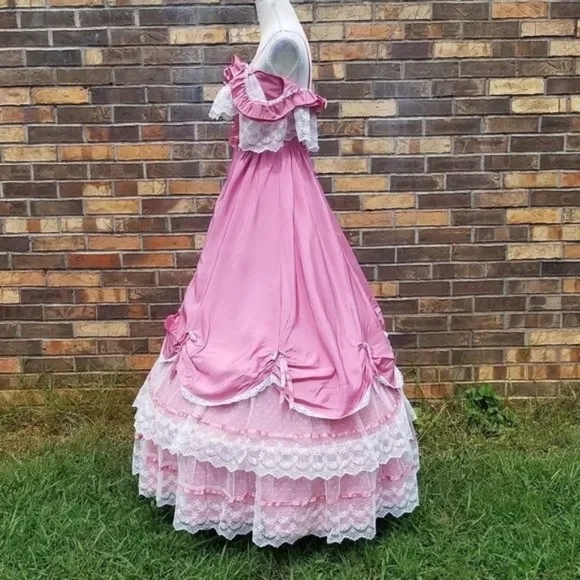 Dance Allure Rare Vintage 1980s Pink Lace Cold Shoulder Antebellum Hoop Dress M - Picture 6 of 12